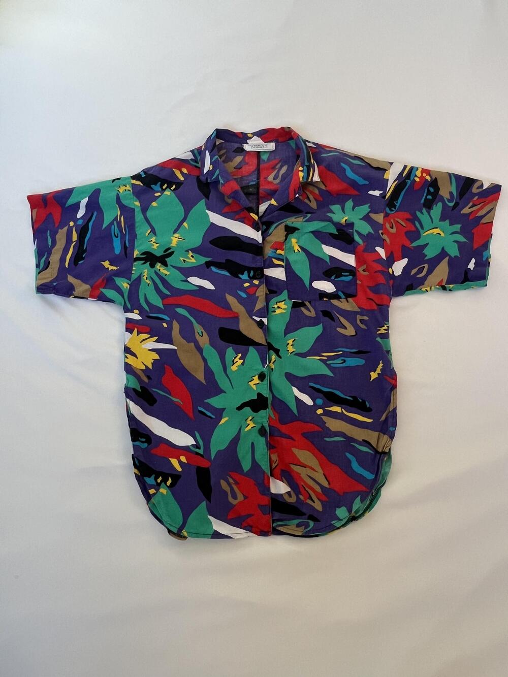 Vintage 80s Colorful Print Shirt S Multicolor Abstract Cotton Button Dopamine